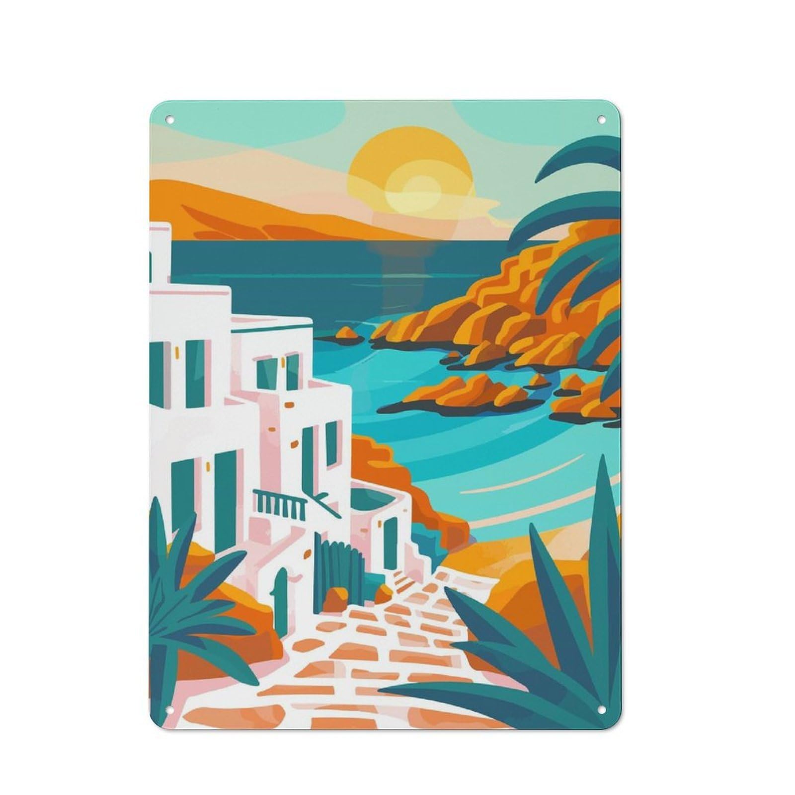 Junmoney Peaceful Greece Sunset Art Industrial Metal Wall Sign 40X30cm Featuring Urban Room Decor For Loft, Studio, Office Or Creative Room