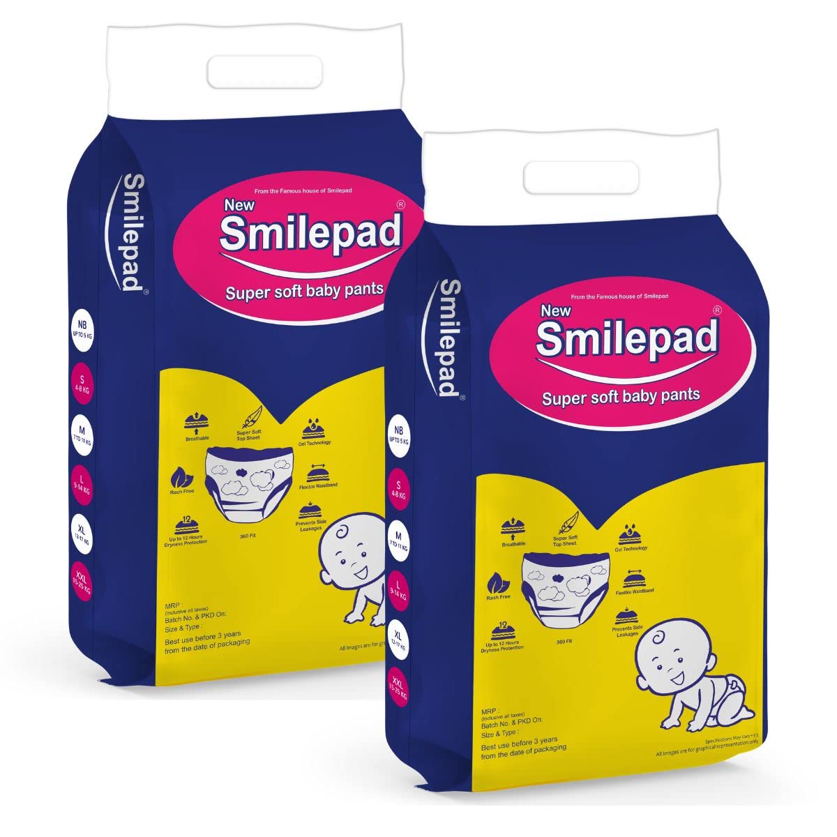 Smilepad Baby Diaper Extra Large Size | Pant Style Baby Diapers | 12 To 17 Kg, Pack of 2 (100 Diapers) - Leakage Proof With Gel Technology