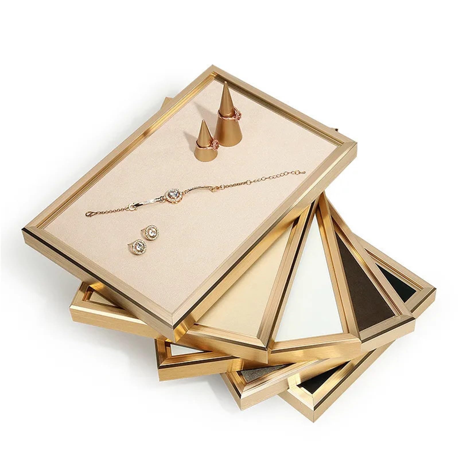 Schmuckschale Gold Farbe Metall Rahmen Blank Schmuck Display Tray Necklack Ring Zeigen Requisiten Armband Anhänger Organizer Box for Shop(Gold)