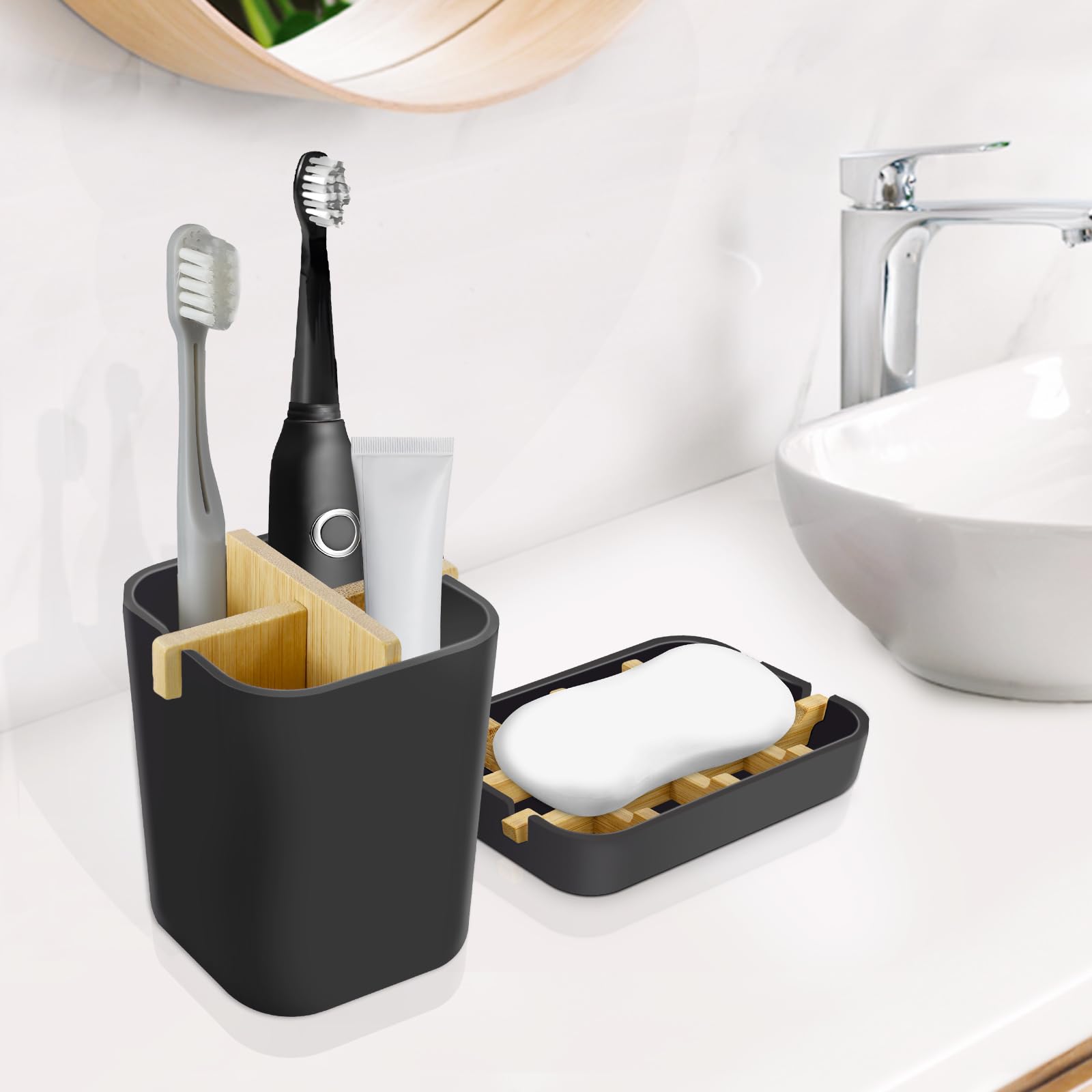 Juego de soportes para cepillos de dientes y jabón, divisor de bambú con 4 ranuras, bandeja de jabón de plástico para ducha, juego de accesorios de baño para almacenamiento de encimera, color