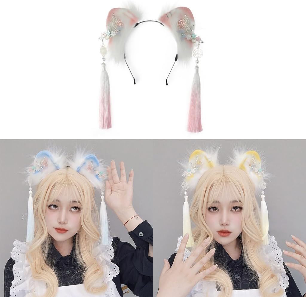 Bottone Cartoon Ear Shape Hair Hoop with Fringe Decors Chinese Style Hair Holder Cosplay Party Headwear for Teenagers Adult