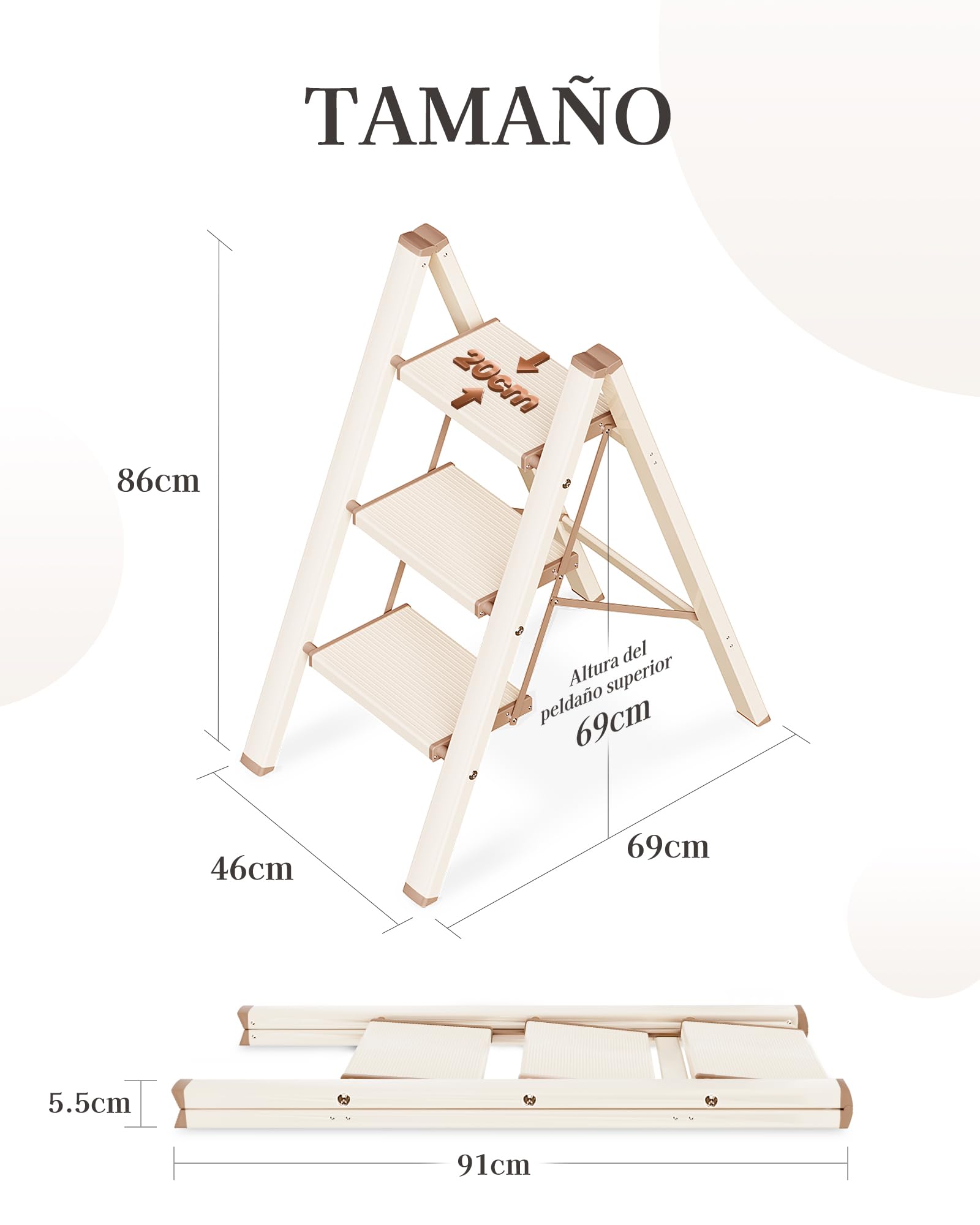 Escalera de 3 Peldaños, Taburete Plegable con Plataforma Ancha Antideslizante de Aluminio Ligero Pero Resistente, Carga Máxima 150 kg, Diseño Moderno para Espacios Domésticos Interiores