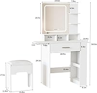 Vista 6 de Fameill Escritorio de tocador con espejo y luces, pequeño tocador de maquillaje con cajón y muchos estantes de almacenamiento, mesa de tocador