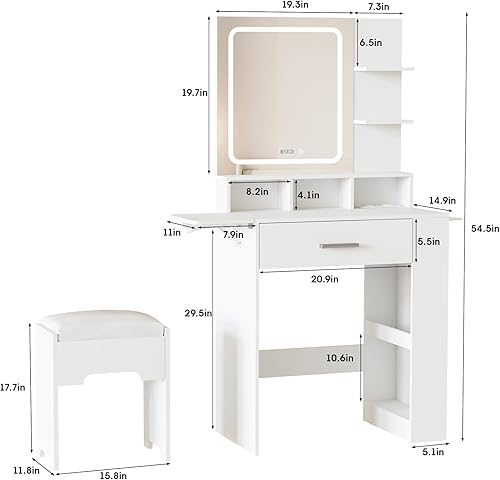 Miniatura 6 de Fameill Escritorio de tocador con espejo y luces, pequeño tocador de maquillaje con cajón y muchos estantes de almacenamiento, mesa de tocador