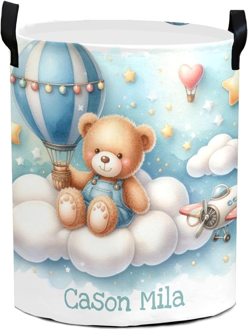 Pilot Bear Airplane Personalized Laundry Basket Custom Name Collapsible Waterproof Laundry Hamper Clothes with Handle for Bedroom Bathroom Nursery Decor