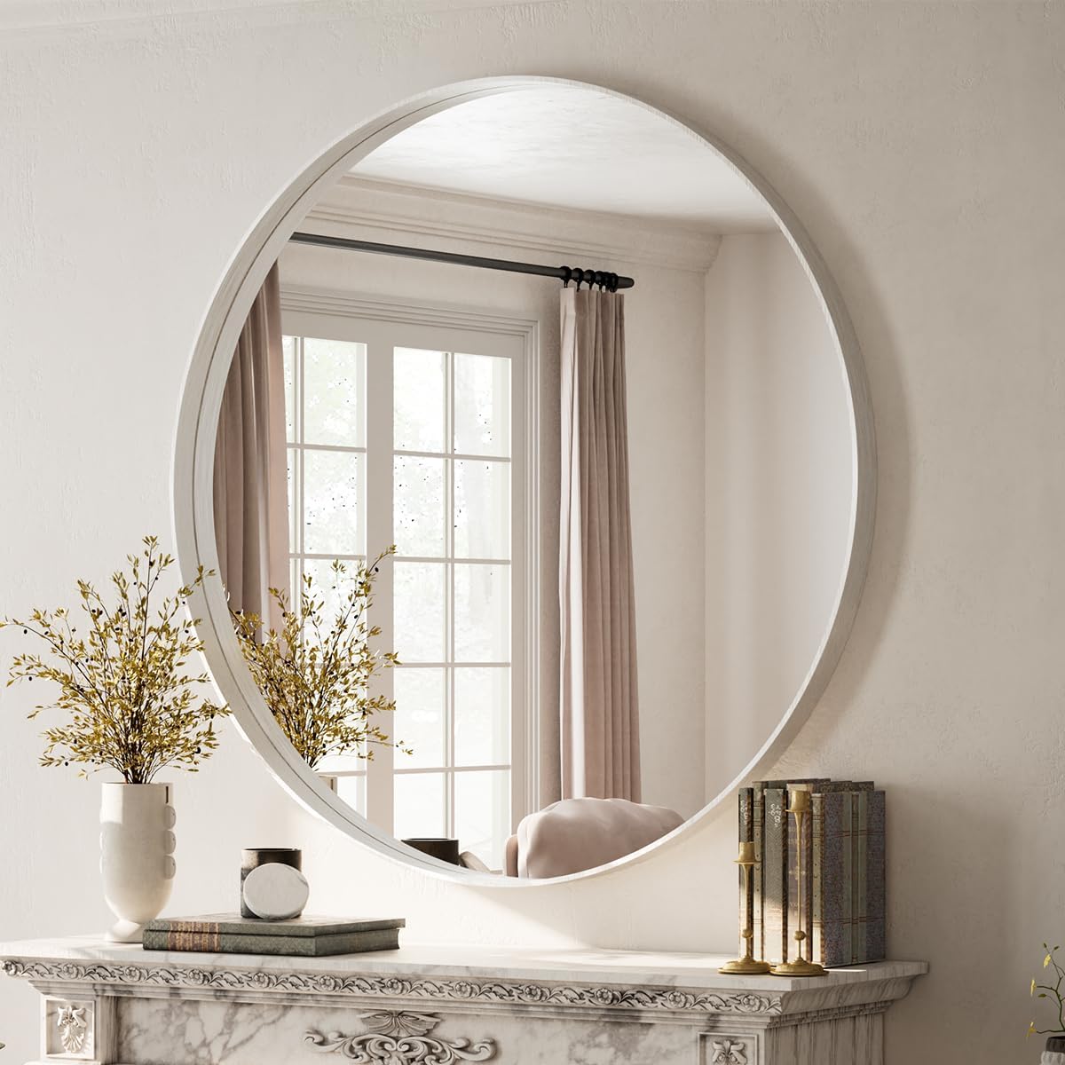 Koonmi Luksusowe okrągłe lustro - 120 cm - głęboka srebrna rama - okrągłe lustro ścienne z czarną szczotkowaną metalową ramą - do łazienki, salonu, wejścia - dekoracja ścienna