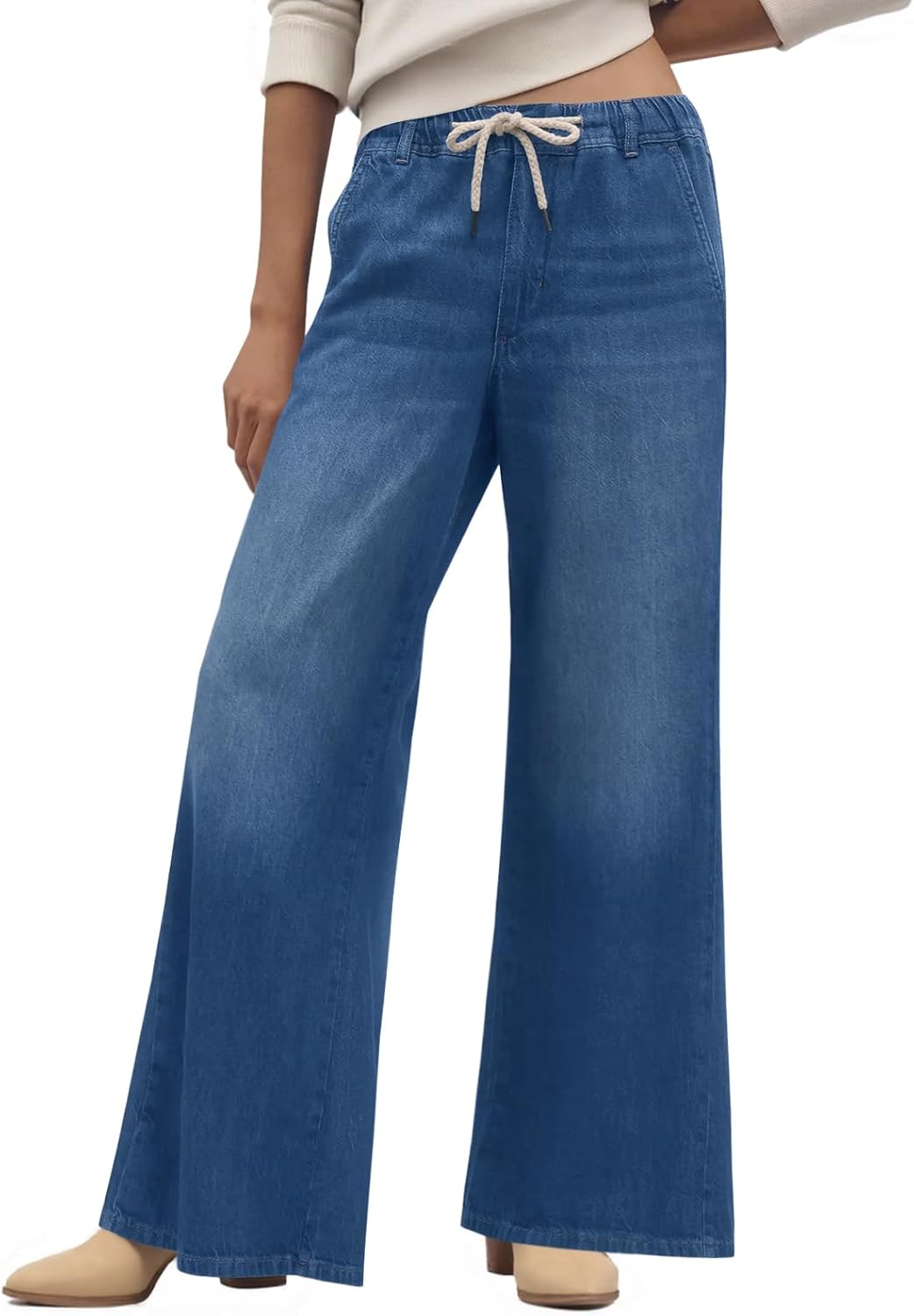 Cicy Bell Womens Wide Leg Flare Jeans Casual Drawstring High Waist Vintage Denim Pants with Pockets