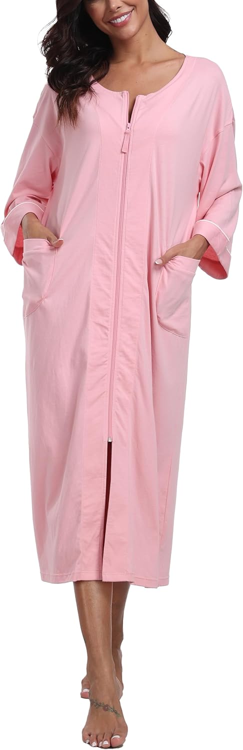 CF Women's 100% Cotton Zipper Robes 3/4 Sleeve House Coat Zip Up Housecoat Warm Full Length Loungewear with Pockets