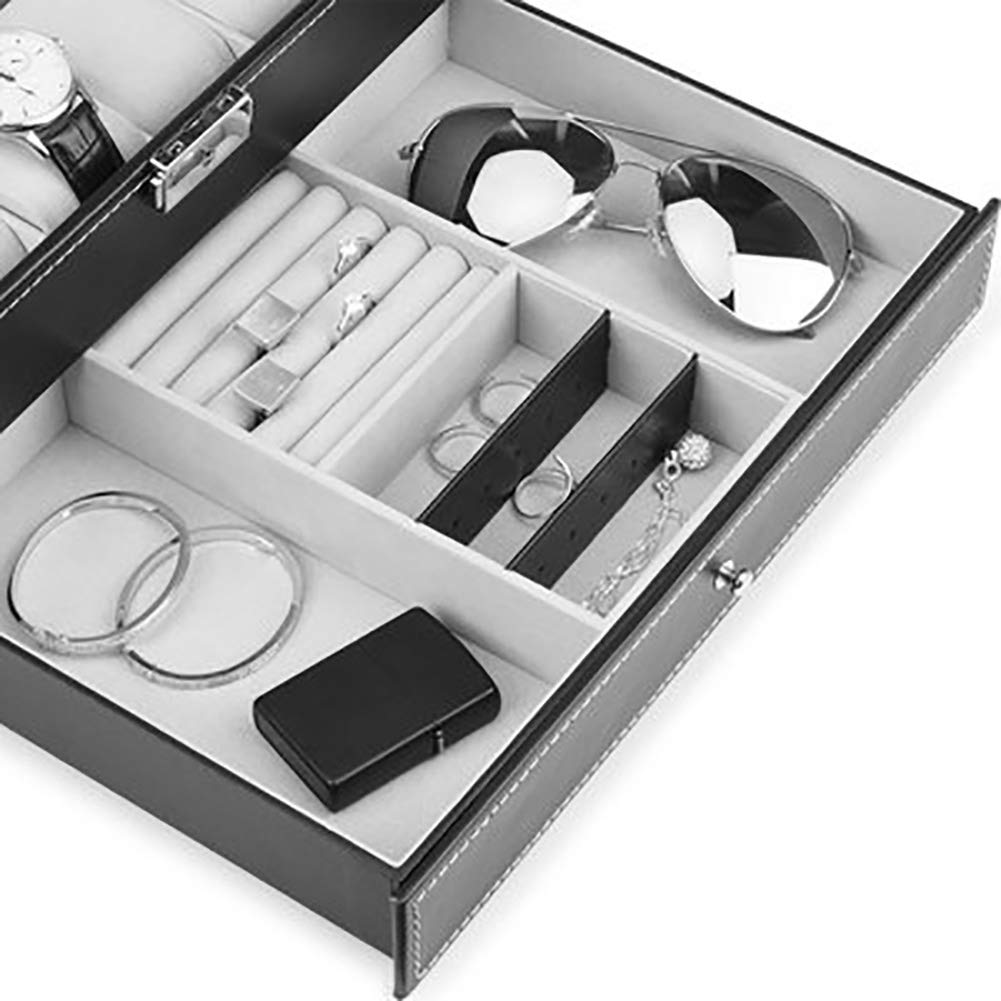 Leder-Uhren-Organizer, 12 Fächer, Uhren-Schmuckkästchen mit Diener-Schublade, Vitrine für Schmuck, Uhrenarmband, Manschettenknopf, Armbanduhrenhalter für Kommode, Schwarz, 29,5 x 19,5 x 15,5 cm (12 x