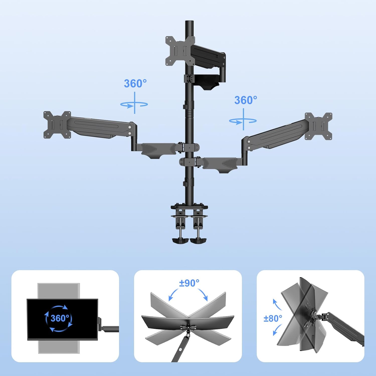 Pholiten Triple Monitor Stand, Mount for 3 Screens up to 32 inches & 22lbs Each, Full Motion Gas Spring Monitor Arm with Clamp Mounting, for Desktops, Computer Monitors