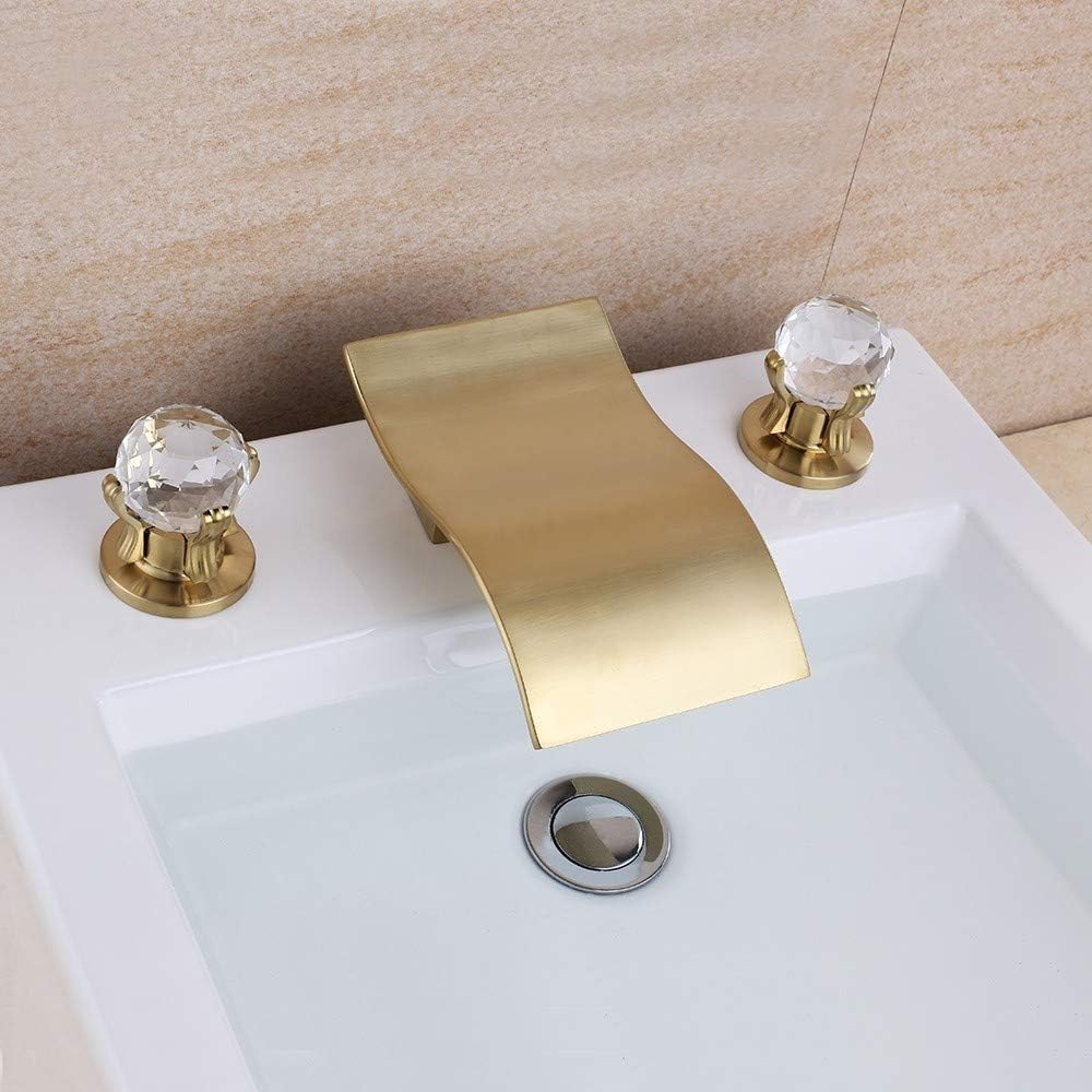 🔥 Flash Sale KunMai Widespread Waterfall 2-Handle 3 Hole Bathroom Sink Faucet with Crystal Knob Handles,Solid Brass Waterfall Bathroom Lavatory Faucet (Brushed Gold)