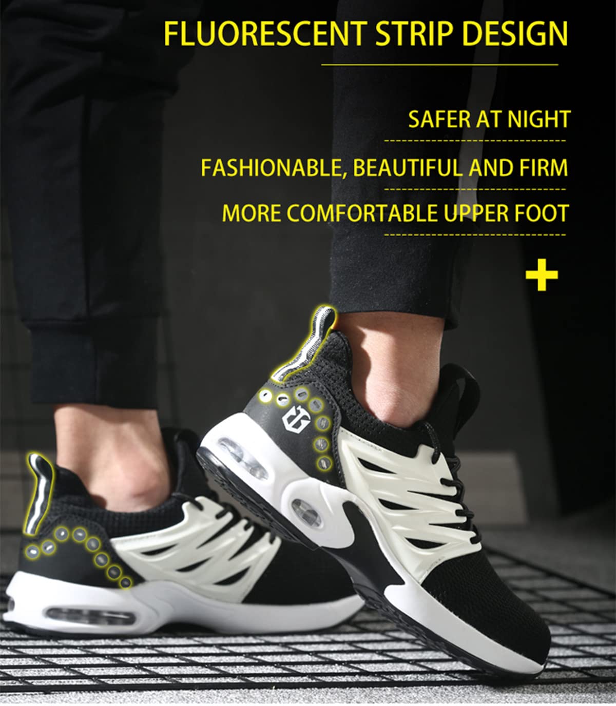 Micoklinlin Steel Toe Shoes for Men Lightweight Air Cushion Work Sneakers Non-Slip Breathable Industrial Construction Safety Shoes Black