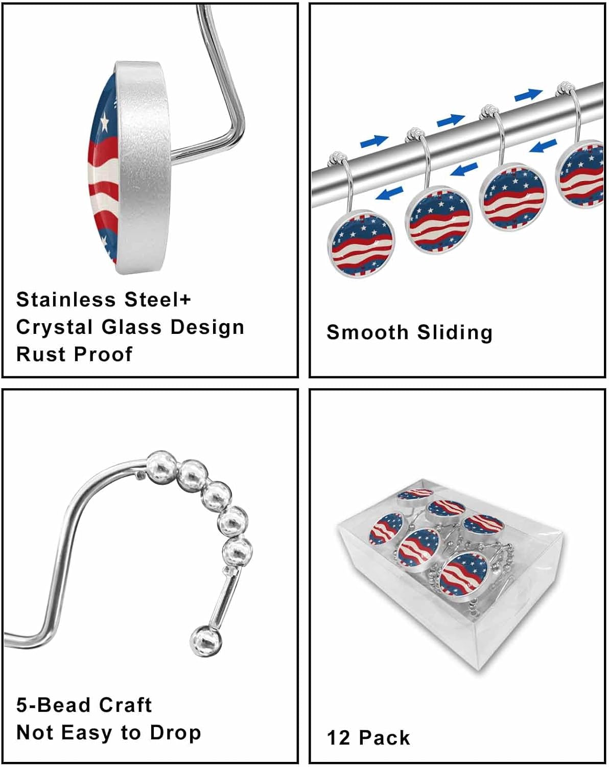 Independence Day Pentagram Patriot Shower Curtain Hooks, 12PCS Shower Curtain Hooks Rings for Bathroom Stainless Steel Rust Resistant Shower Curtain Hangers