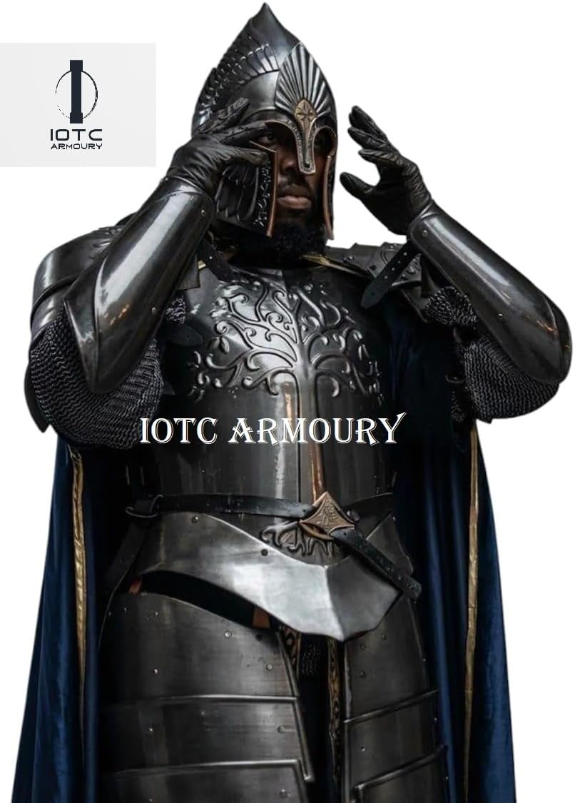 Medieval Suit of Armor Fully Wearable Armor Costume for LARP, Reenactment and Theator Act-Medieval Full Body Warrior Costume Armor Helmet, Breastplate, Leg Greaves, Pauldron with Gorget