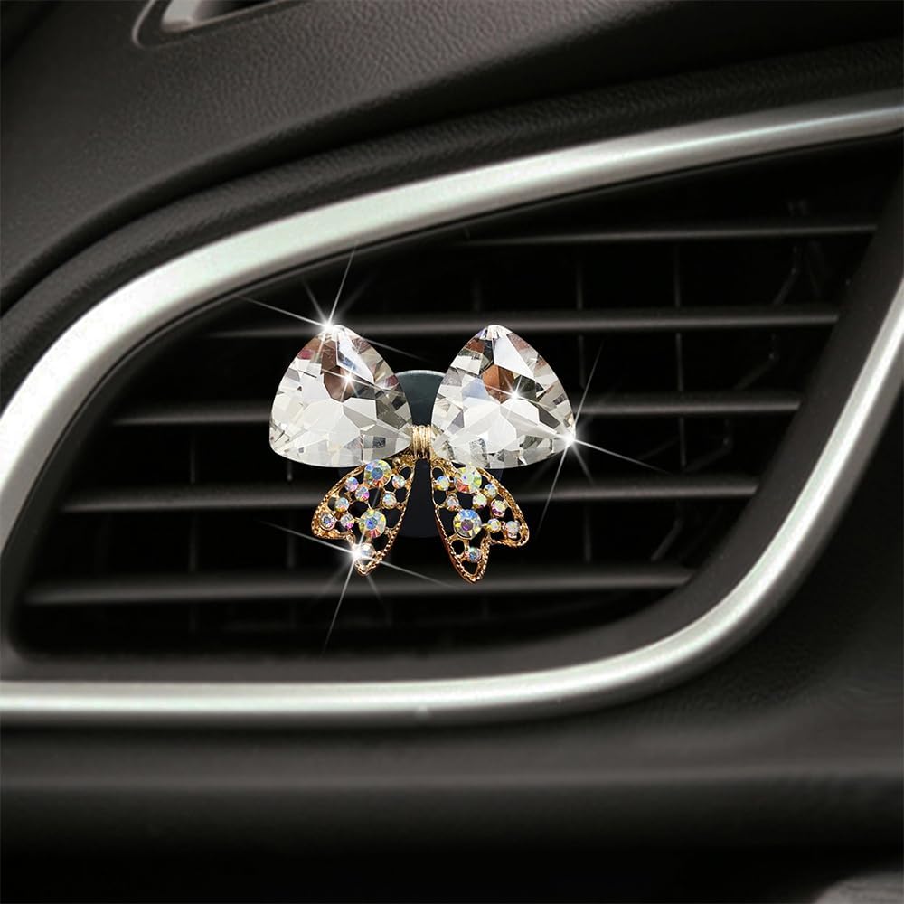 Bling Bow Vent Clips Crystal Bow Knot Car Diffuser Rhinestone Accessories Women Car Interior Decoration Clips for Air Fresheners (White)