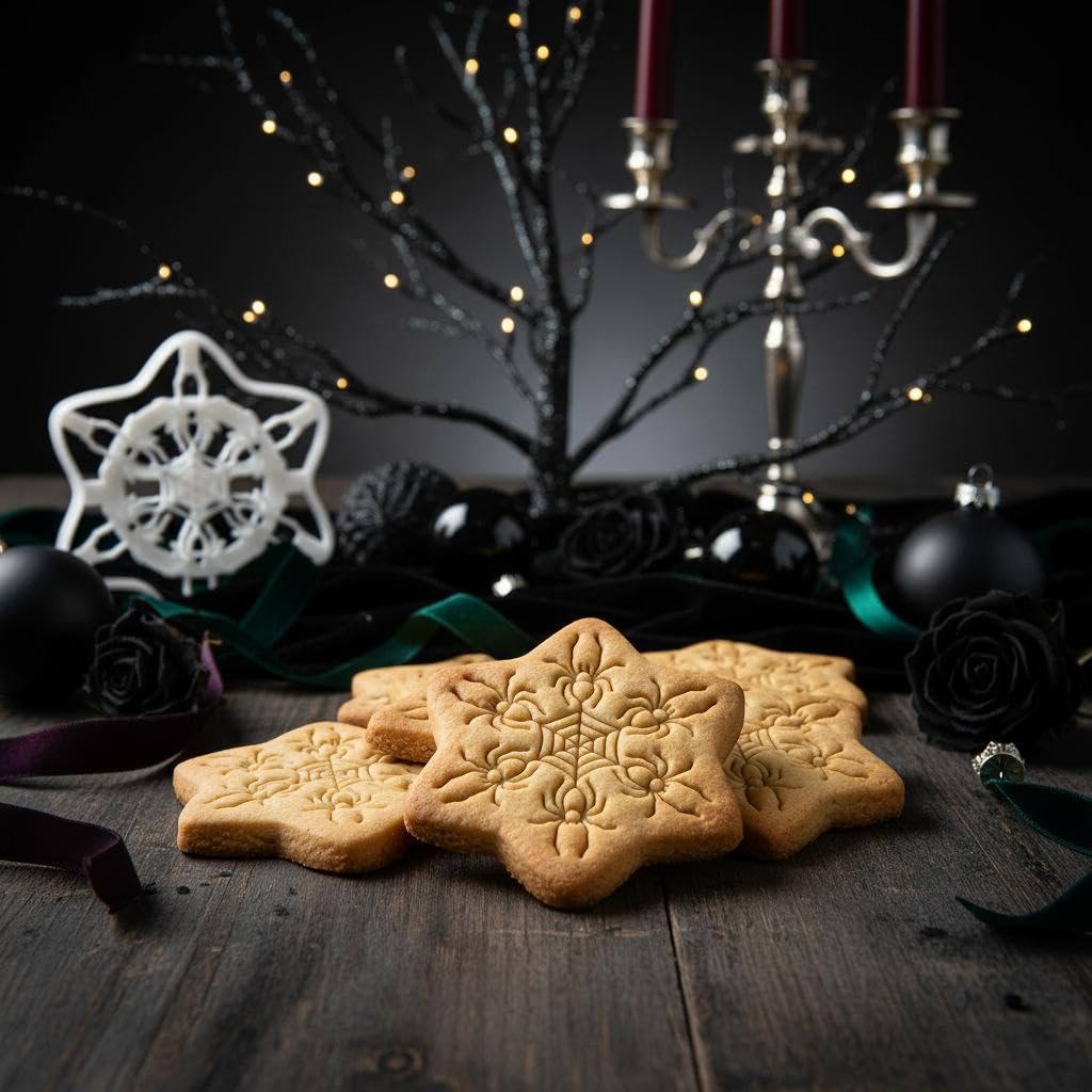 BAKERLOGY Lot de 2 Emporte-pièces Flocons Gothiques – Embosseurs Fondant Toile d’Araignée et Squelette Dansant pour Biscuits de Noël Effrayants et Fêtes Alternatives