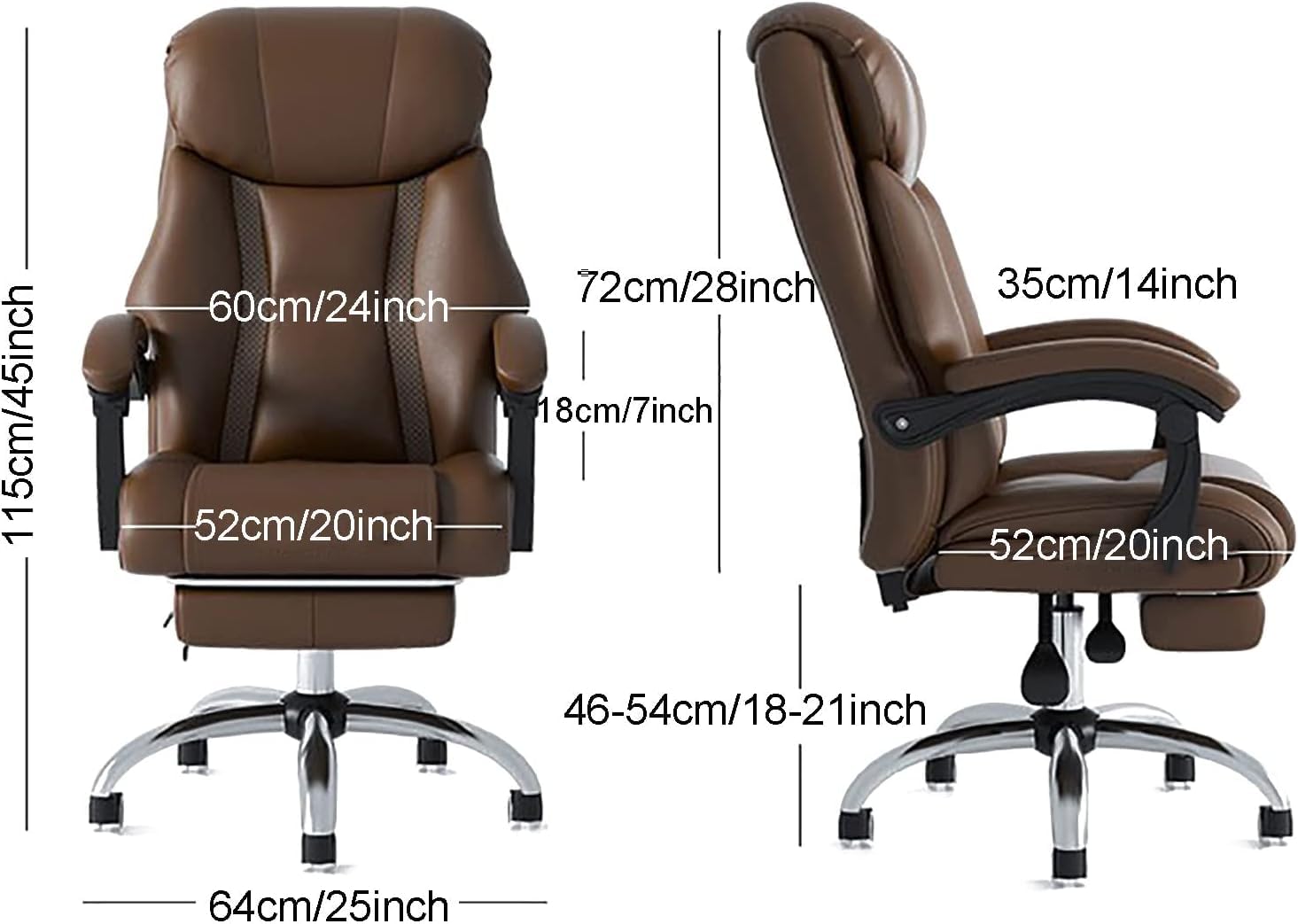 Krzesło biurowe z wysokim oparciem i kółkami dla ciężkich osób - ergonomiczne skórzane krzesło biurowe, rozkładane krzesło komputerowe w kolorze czarnym, brązowym, 64x46-54 cm (25x18-21")