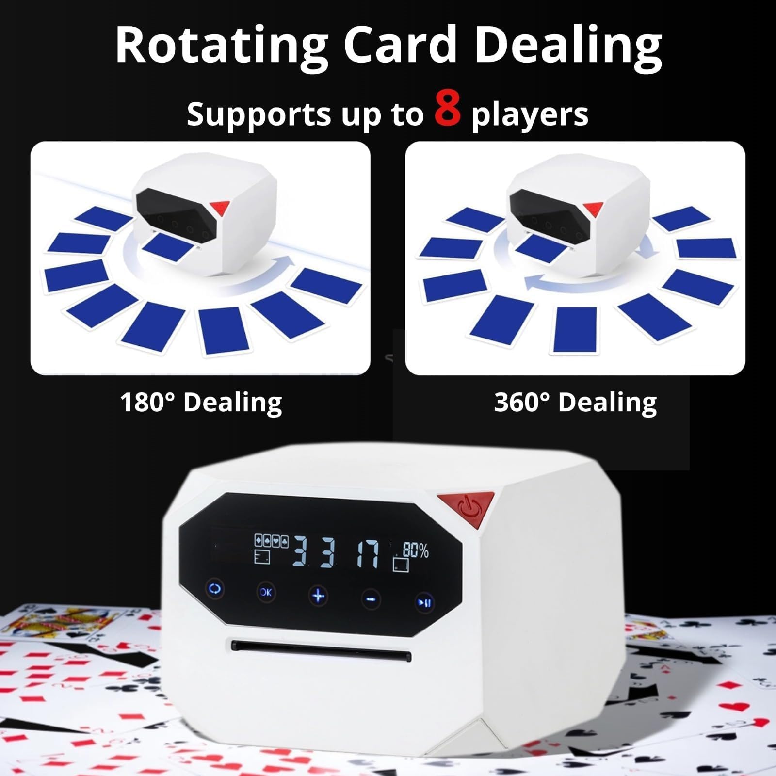 Mélangeur automatique de cartes - Distributeur portable rotatif à 360° pour 2 à 12 joueurs - Rechargeable 2500 mAh - Idéal pour UNO, Poker, Texas Hold'em