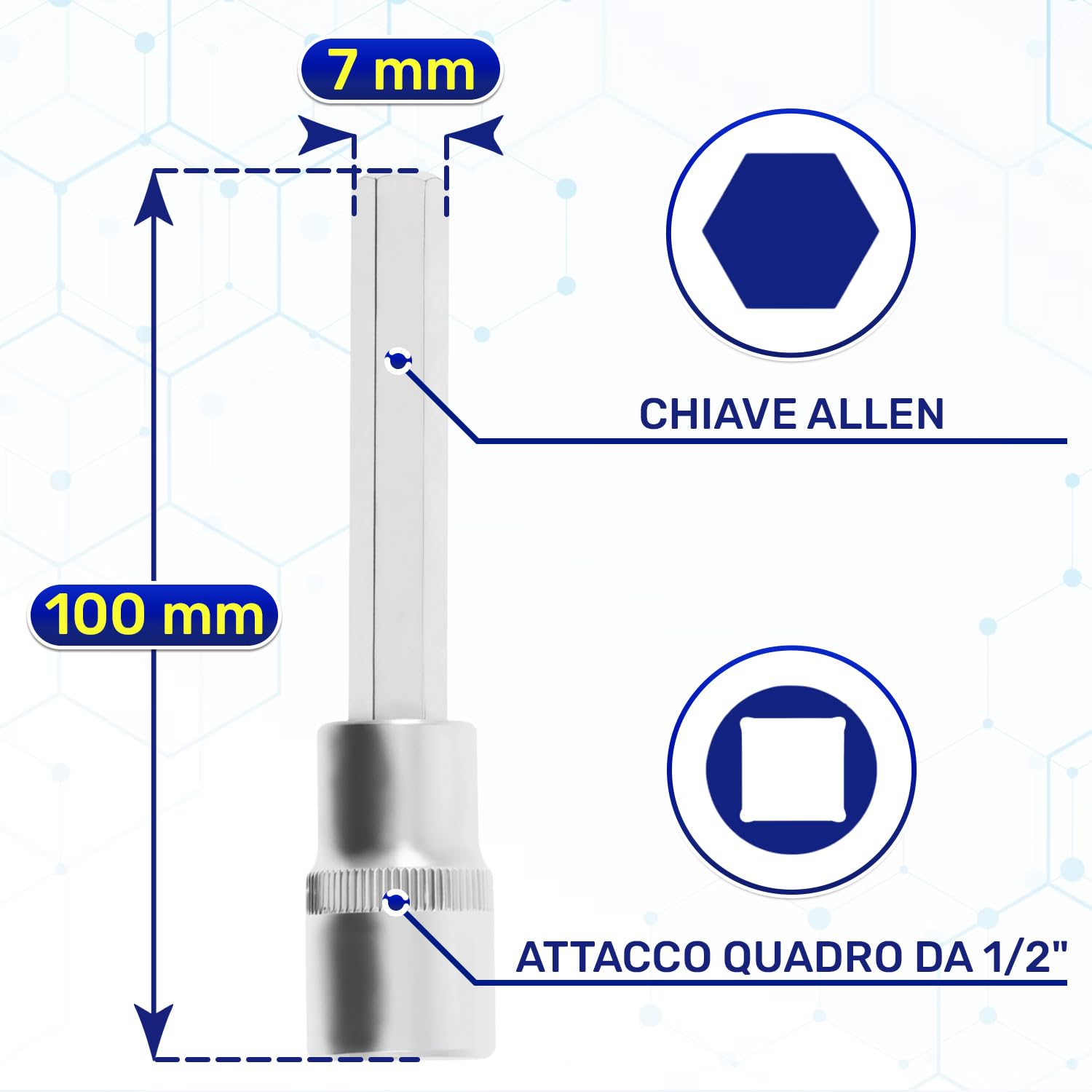 Chiave a Bussola con Inserto Esagonale 7 mm x 100 mm per Aree Difficilida - Chiavi Bussola 1/2" - Realizzata in Acciaio Cromo Vanadio - MONTERAL