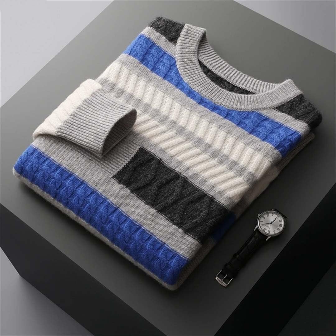 Men 100% Merino Wool Cashmere Sweater O-Neck Color Matching Pullovers Loose Thicken Knit Tops Shirt Gray L