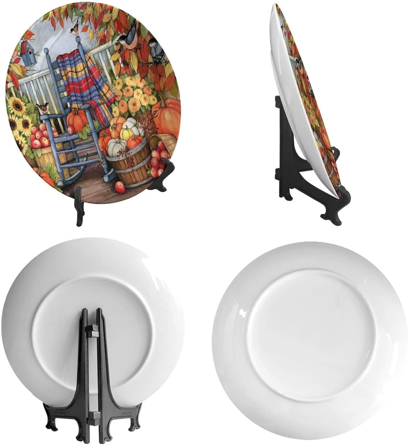 Autumn Harvest Theme Round Decorative Plate, 6", Pumpkin and Rocking Chair Ceramic Decorative Plate, with Decorative Plate Stand, for Dining Table Tabletop Party Kitchen Home Decor Gift
