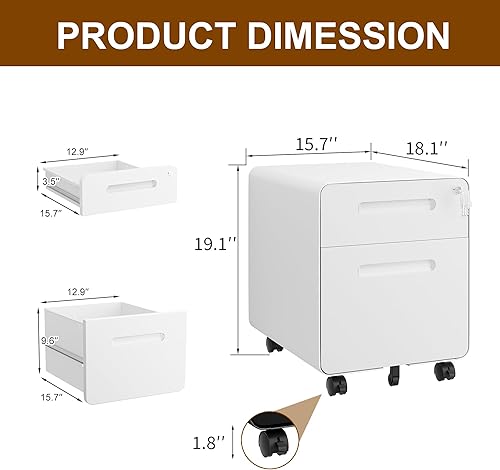 Miniatura 37 de Archivador de 2 cajones con cerradura y 4 llaves, archivador móvil de metal, archivadores para oficina en casa, debajo del escritorio, premontaje