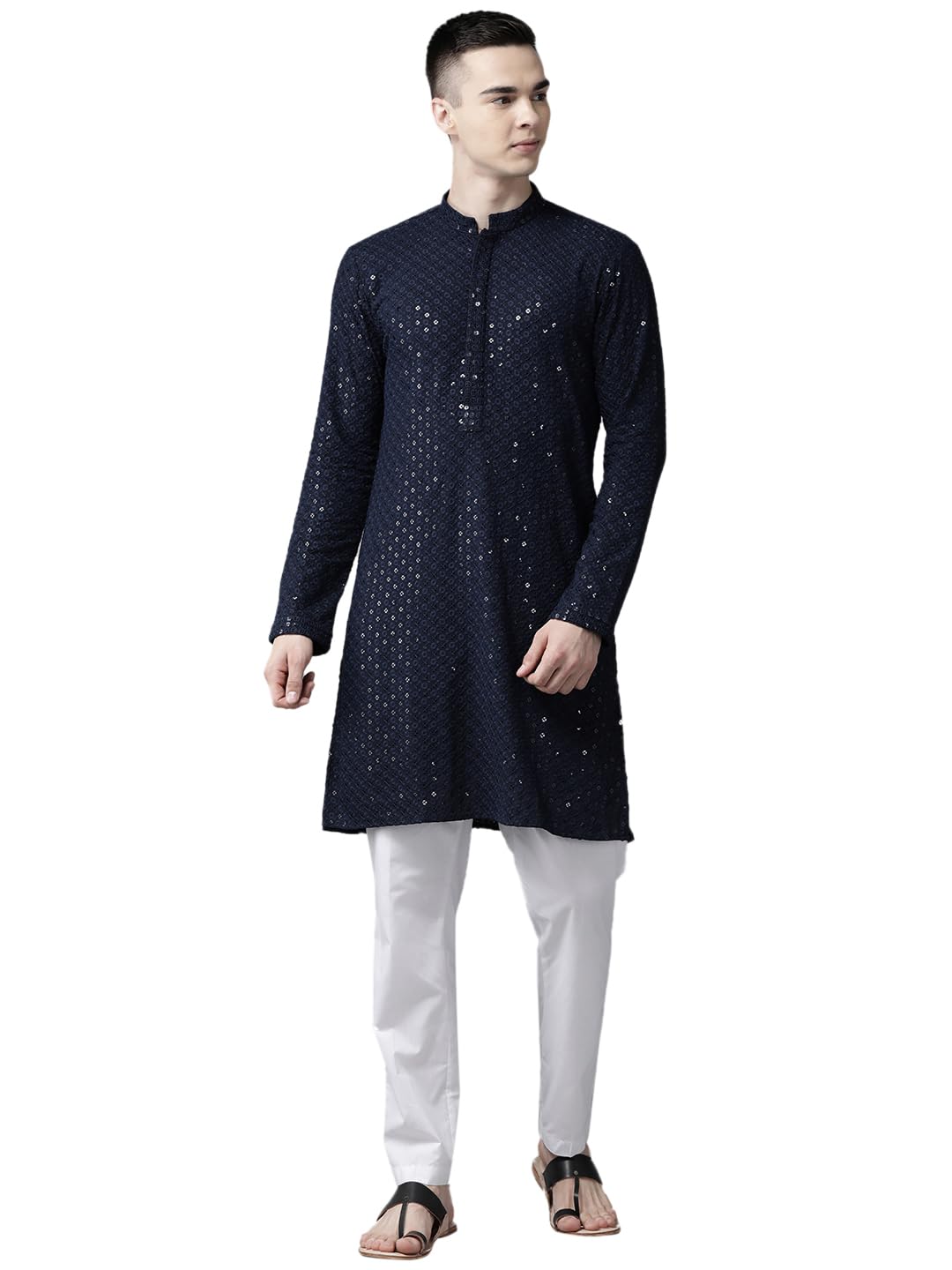 See Designs Men Navy Blue Floral Embroidered Sequined Rayon Kurta - Sd2Ekt_1297Xs