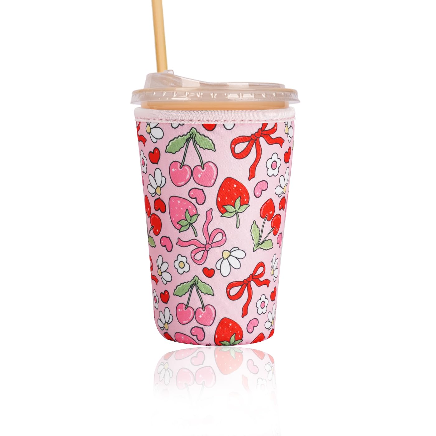 Reusable Insulated Sleeve for Iced Coffee Cup, Coffee Neoprene Sleeve for Cold &amp; Hot Drinks, Beverage Holder for Iced Coffee (Cherry Ribbons, Medium: 22-24oz)