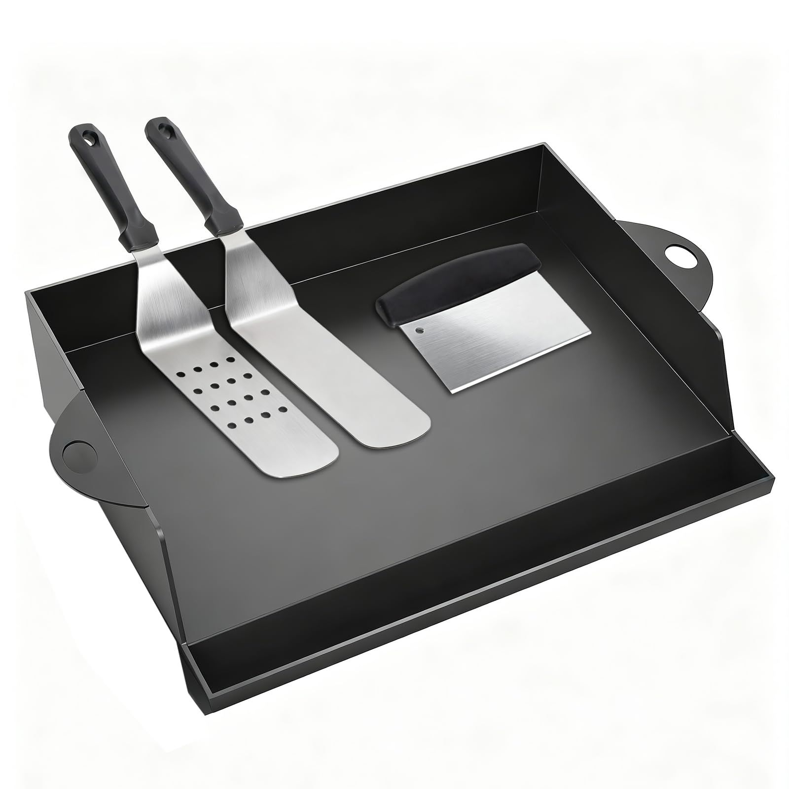 WELL GRILL 45,5 x 36,5 cm Plancha de parrilla con espátula de barbacoa Juego de rascador universal de hierro fundido para parrillas de gas, parrilla de carbón vegetal, parrilla eléctrica, borde alto