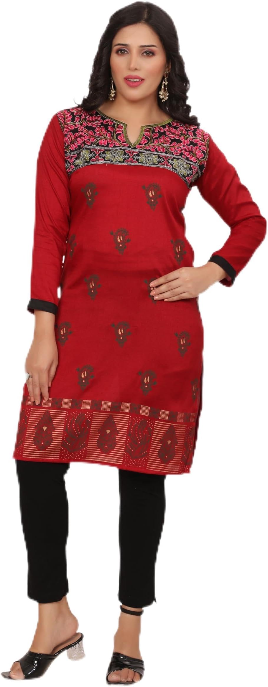 New Indian Designer Printed Maroon Red Crepe Silk Kurtis Tunic Top Kaftan Women