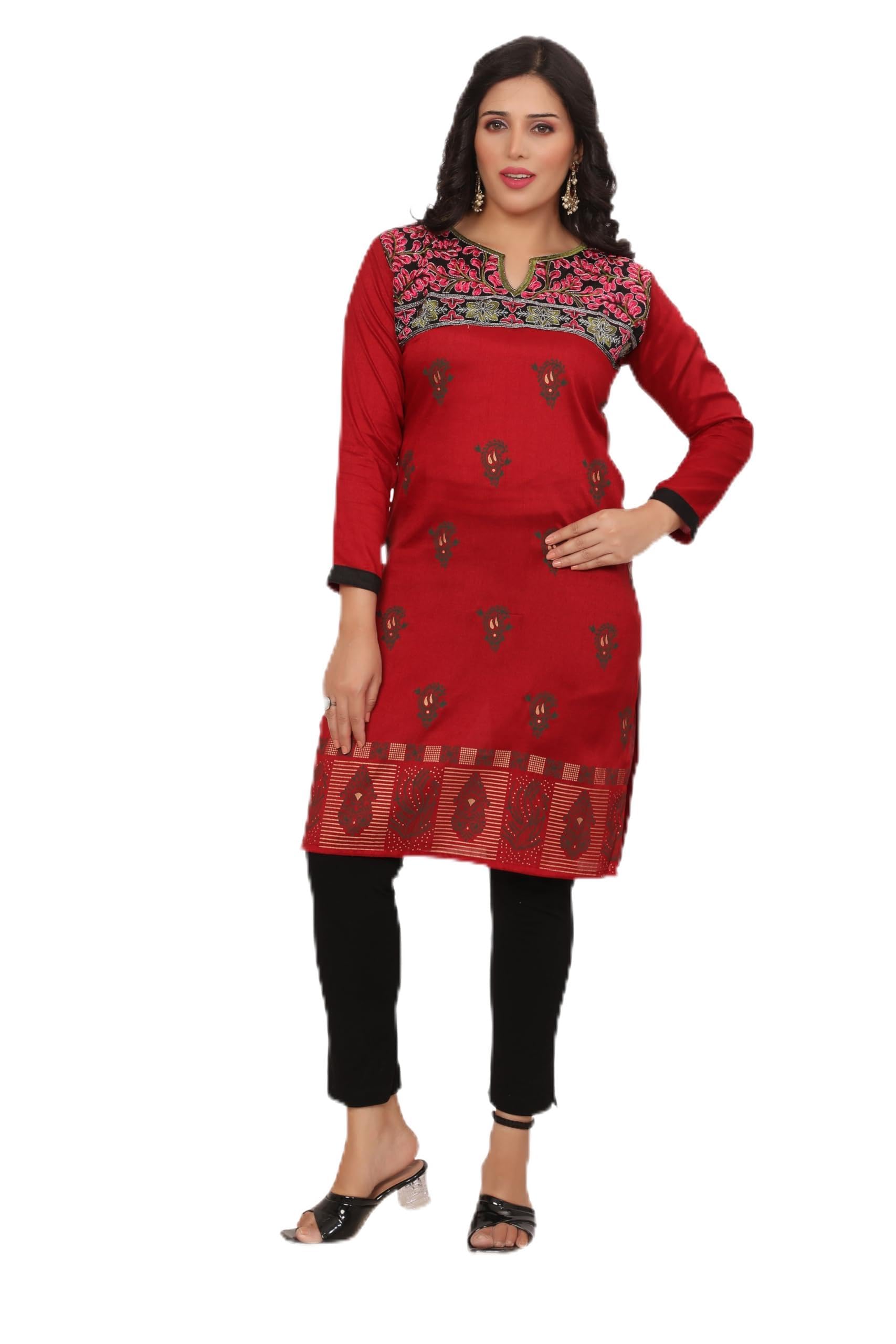 New Indian Designer Printed Maroon Red Crepe Silk Kurtis Tunic Top Kaftan Women