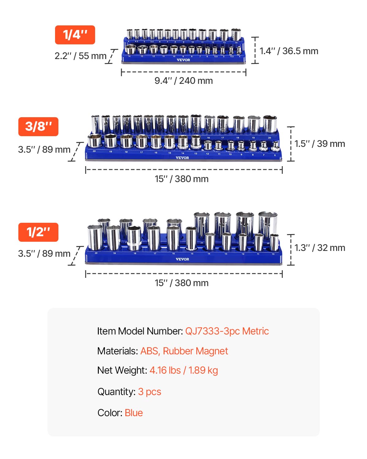 VEVOR Kit Organisateurs Douilles Magnétiques, Lot de 3, Plateaux de Douilles Métriques 1/4'', 3/8'', 1/2'', Étiquettes Transparentes, Capacité 75 Standard et Profondes Non Incluses, Bleu