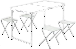 Weida Mesa Plegable Portátil con 4 Taburetes de Lona | Ideal para Camping, Playa, Pesca y Picnic | Diseño Compacto y Resistente | Montaje Rápido y Sencillo | Cómoda y Espaciosa | Color Blanco