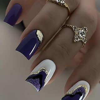 Square Press on Nails Short Purple False Nails Gold Glitter Powder Design Full Cover Stick on Nails Artificial Glossy Coffin Nails Square Acrylic Nails Reusable Glue on Nails for Women 24Pcs