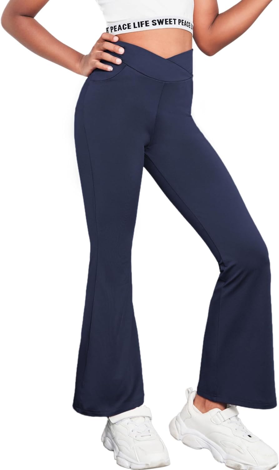 Zaclotre Girls Flare Leggings High Waisted V Crossover Casual Yoga Bell Bottoms with Pockets Pants for Kid