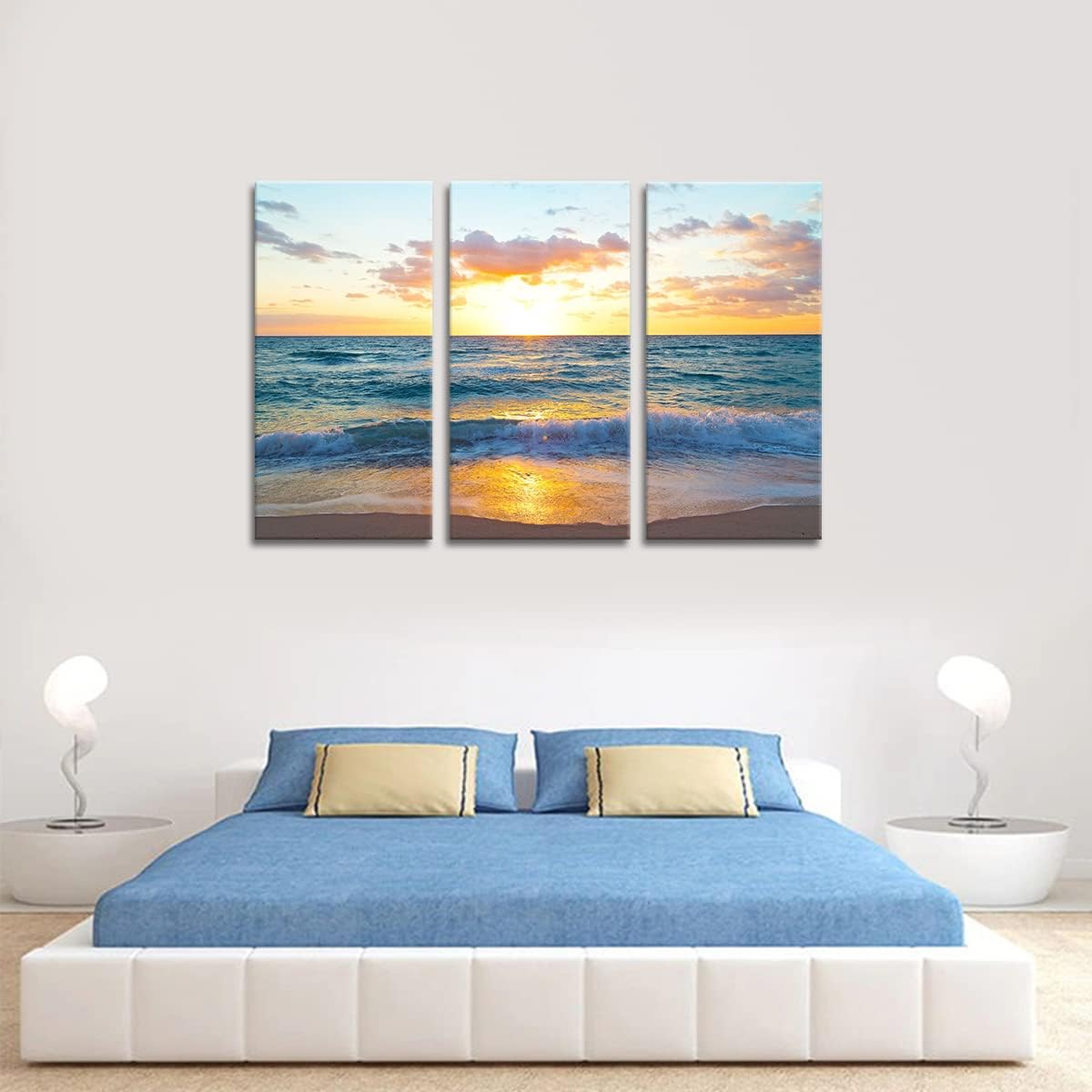 Noah Art-Ocean Beach Wall Art, Sunrise over the Miami Beach Blue Sea Ocean Pictures on Canvas Print, Wooden Framed Bathroom Decor Wall Art, 12x24inch x 3 Piece Set 12x24inchx3pcs(30x60cmx3pcs) Orange