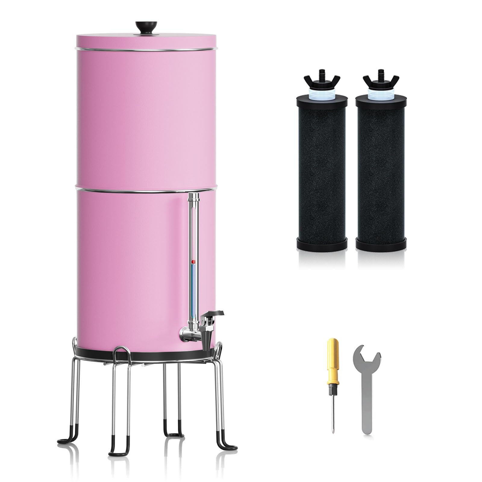 Purewell 3-Stage 0.01μm Ultra-Filtration Gravity Water Filter System, 304 Stainless Steel Countertop System with 2 Filters, Metal Water Level Spigot and Stand, Reduce 99% Chlorine, 2.25G, PW-OB-K