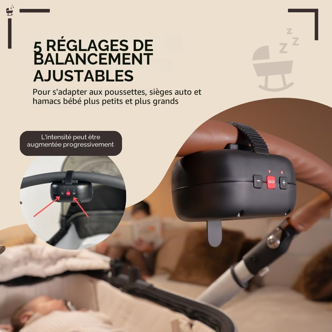 ZAZU Robby Balançoire automatique pour bébé, épaisseur réglable, minuterie 40 min, capteur de cri pour bébé, rechargeable par USB-C, étanche, universel pour poussette et buggy