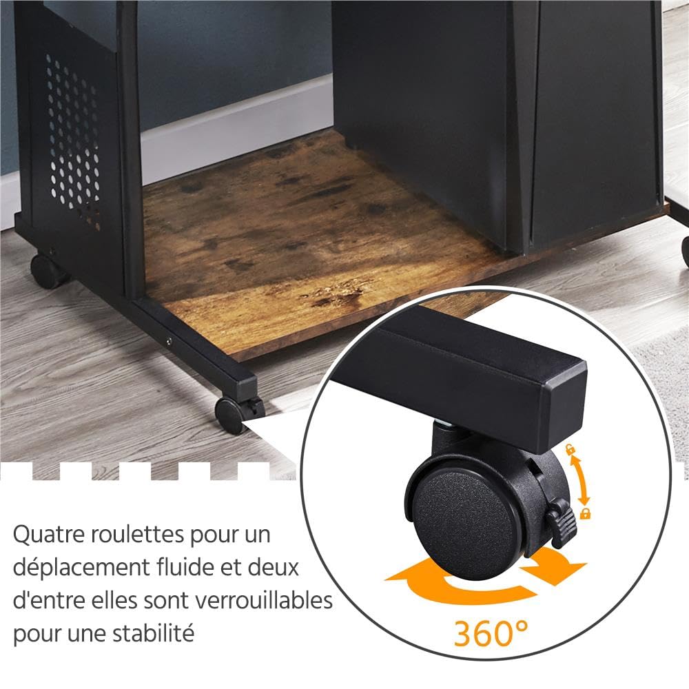 Yaheetech Bureau Informatique avec 3 Tablettes de Rangement Design Table Ordinateur roulettes avec Freins Bureau Ordinateur 80 x 50 x 132 cm Brun Rustique