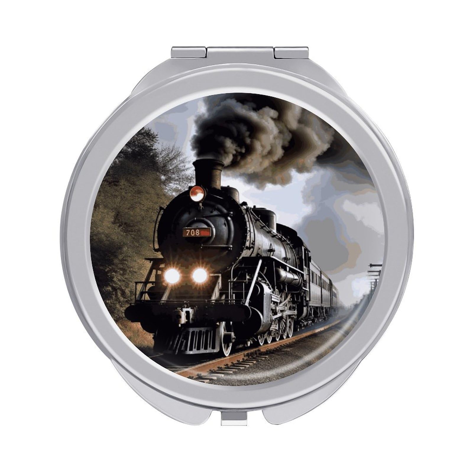 JTREHY Steam Train Makeup Mirror Silver Mirror Surface Folding Makeups Mirrors Lightweight Durable Looking Glass for Suitable Traveling Handbag and Purses