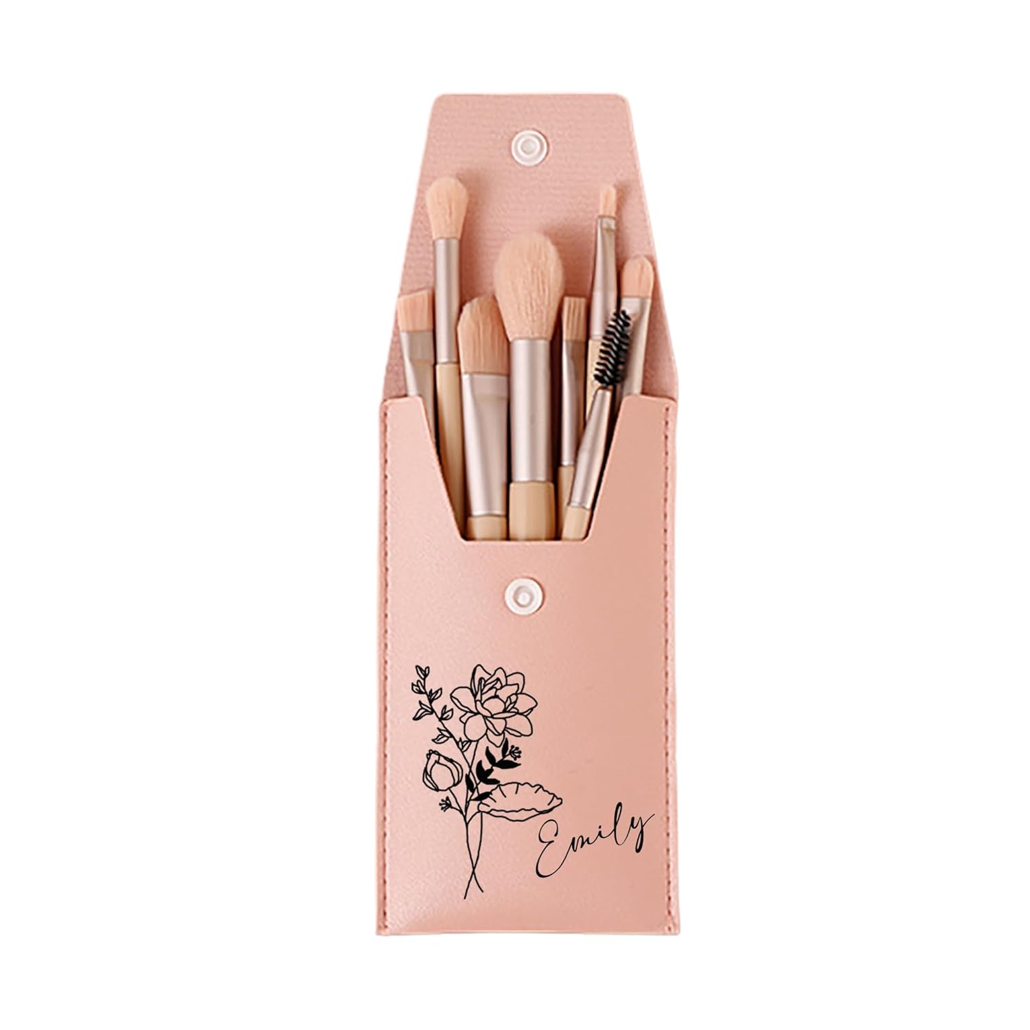 Personalized Birth Flower Makeup Brush Bag with 8 Pcs