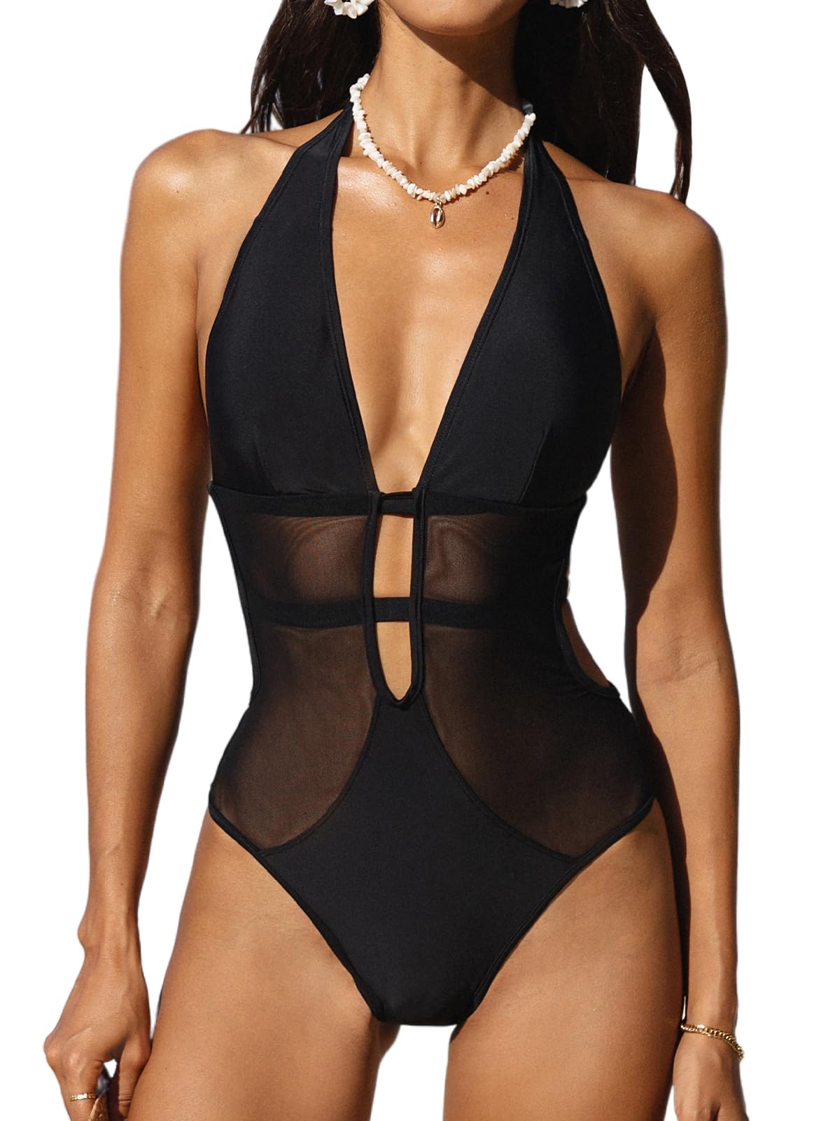 CUPSHE Badeanzug Damen Tiefer V Ausschnitt Neckholder Netz Riemchen