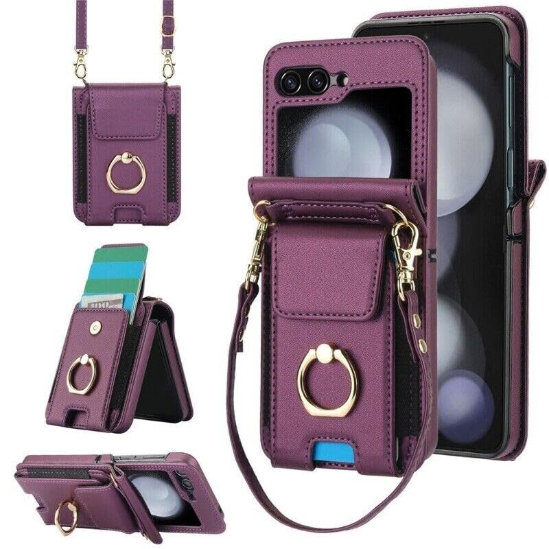 Coque Samsung Galaxy Z Flip 6 violet foncé avec fente carte sangle et anneau porte-monnaie