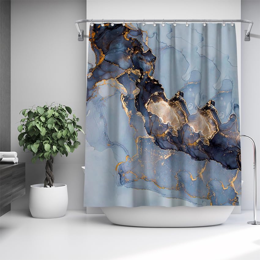 Miniatura 8 de Domoku Cortina de ducha de tela de mármol para decoración de baño, moderna, estándar de lujo, impermeable, lavable, 72 x 78, azul, azul cielo dorado