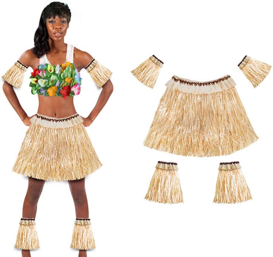 Women Men Elastic Hawaiian Party Grass Hula Skirt Stage Performances Costume Set