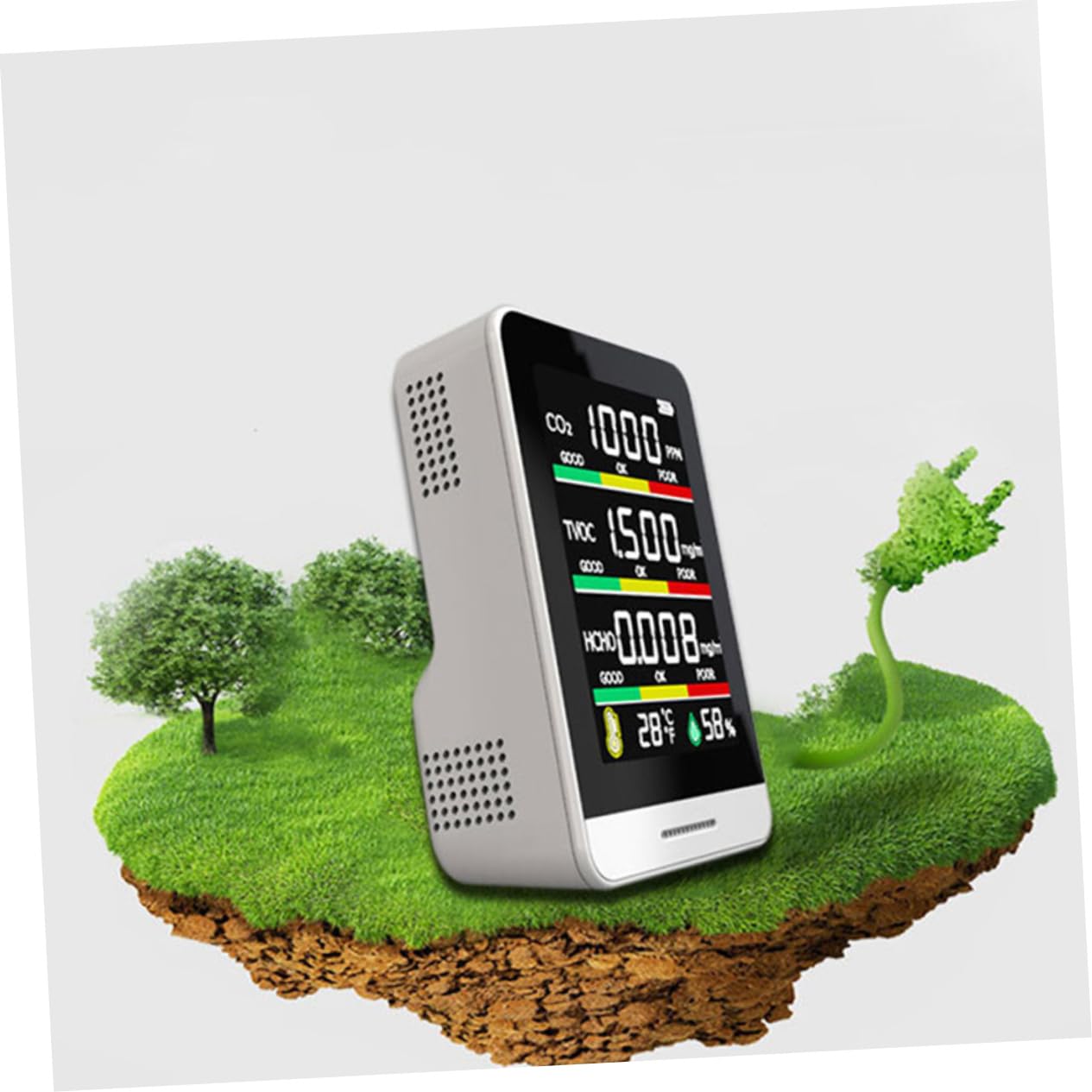Medidor de Co2 Portátil, Monitor de Calidad del Aire, Blanco | Detección Tvoc, Alerta Sonora y Visual de Doble Capa, Batería 1200 Ma, Carcasa de Vidrio
