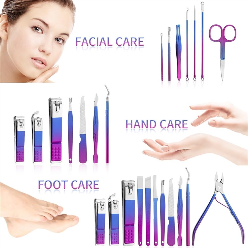 Manicure, zestaw do pedicure, zestaw do manicure, pedicure, nożyczki do paznokci, zestaw do pielęgnacji z etui podróżnym, stal nierdzewna, gradient kolorów, profesjonalny (18 szt. w 1)