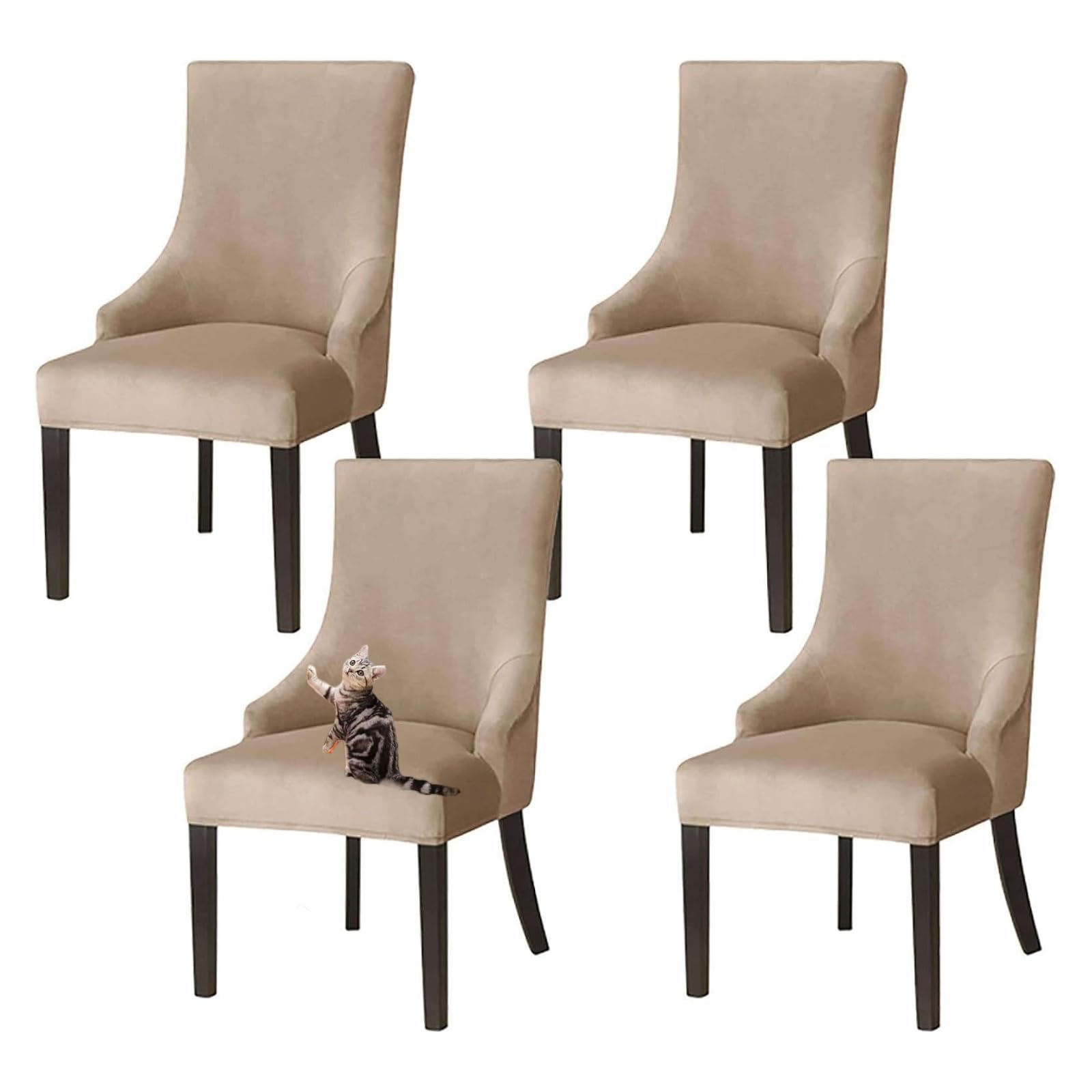 GUYIRT Velvet Wingback Dining Chair Covers, Stretch Wingback Side Chair Slipcover Washable Sloping Armchair Cover for Kitchen Banquet (camel,set of 4)
