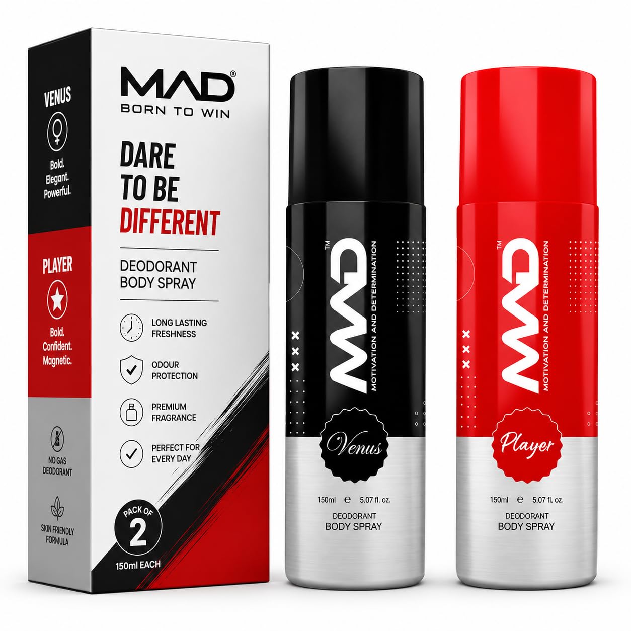 MAD - Venus & Player Fragrance | Deodorant Combo For Men And Women| 150ml Each | Pack of 2 Deo's-image-44