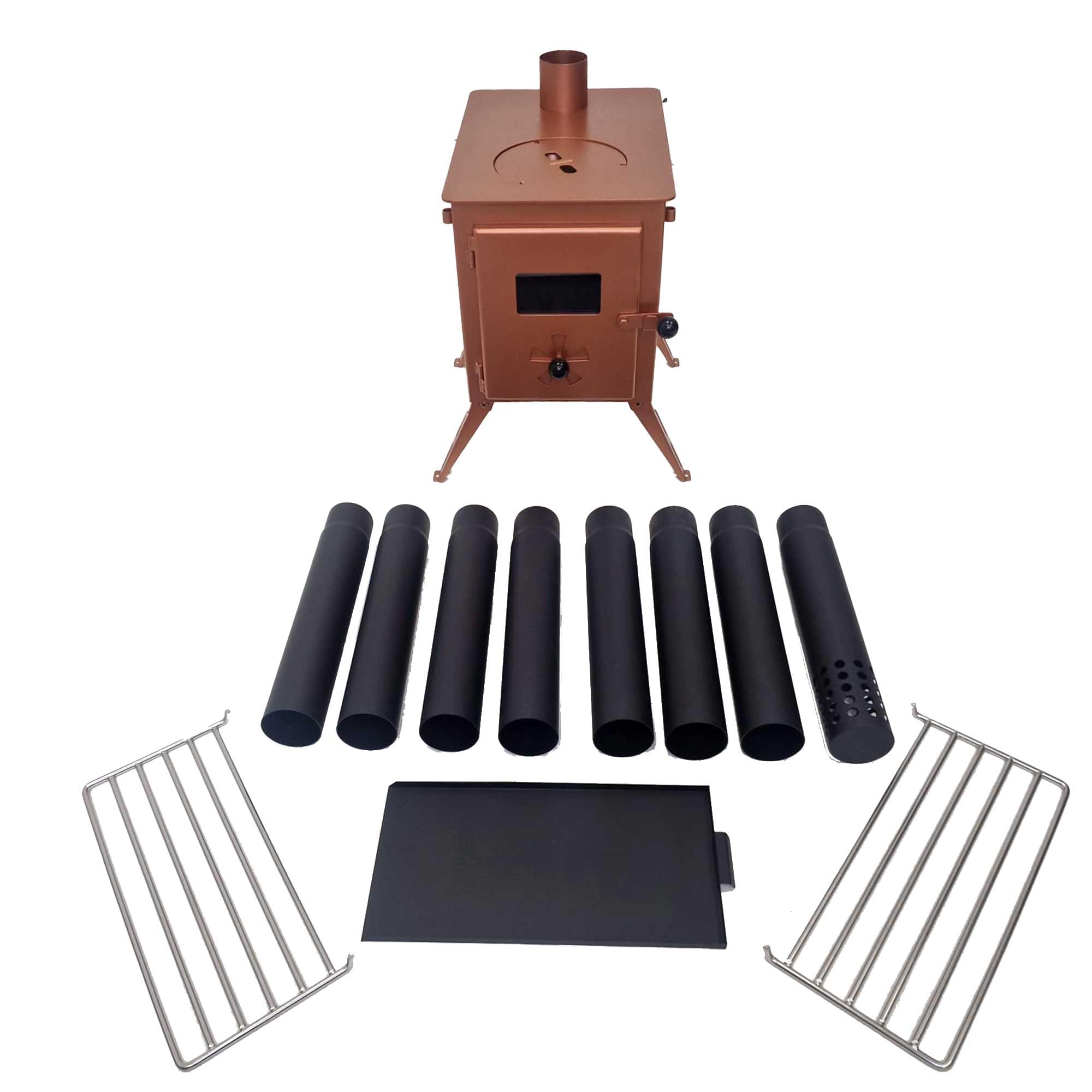 Outbacker Firebox Portable Wood Stove & Complete 2.68m Flue Kit – 12kg Lightweight 3.5kW Heat Output Compact Camping Stove for Tipis, Yurts, Bell Tents & Glamping. (Bronze, Stove Kit + Bag) — image 1